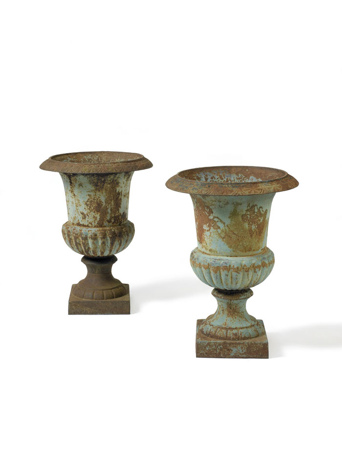 Appraisal: PAIR OF WEATHERED BLUE-PAINTED CAST-IRON GARDEN URNS Height inches Diameter