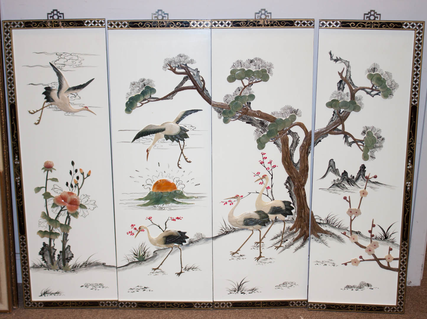 Appraisal: Three pieces of art including four panel oriental screen framed