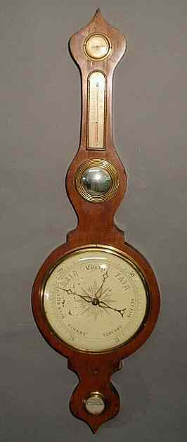 Appraisal: Mahogany banjo-form barometer with bull's-eye mirror Lacking backplate h