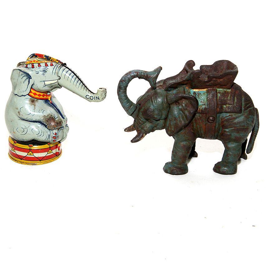 Appraisal: Elephant Banks A cast iron and a tin elephant bank