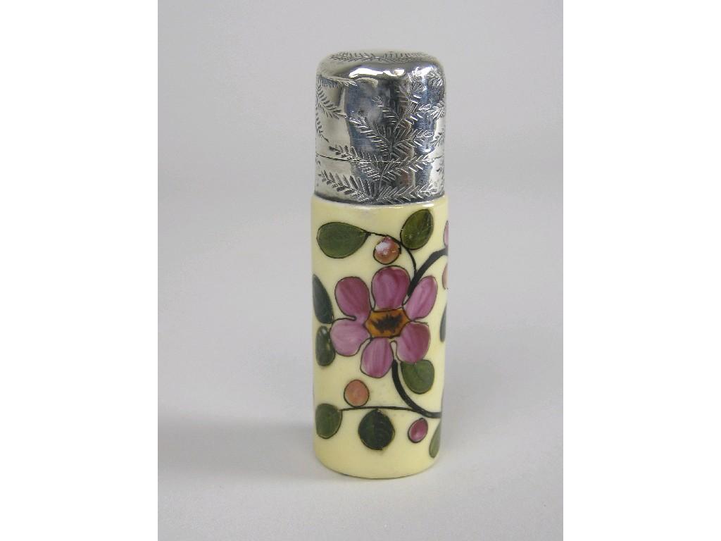 Appraisal: A silver mounted cylindrical Scent Bottle floral painted and two