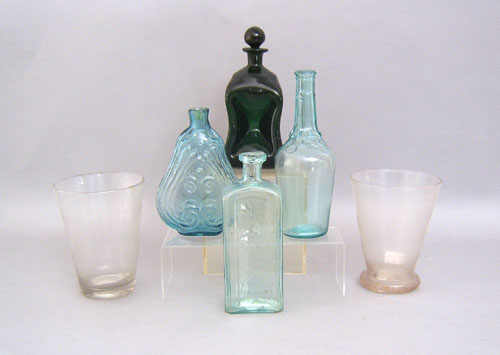 Appraisal: Four glass bottles together with two flip glasses late th