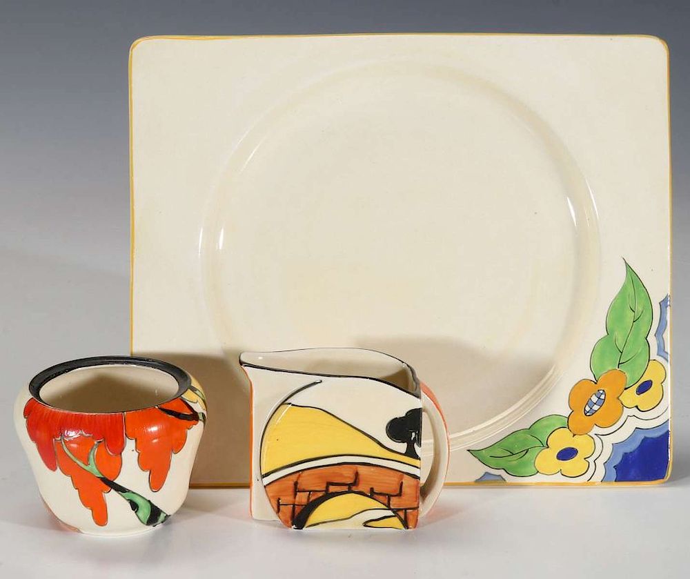 Appraisal: THREE PIECES OF CLARICE CLIFF BIZARRE WARE An open piece