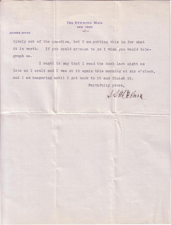 Appraisal: MCCLURE SAMUEL SIDNEY Typed Letter Signed S S McClure to