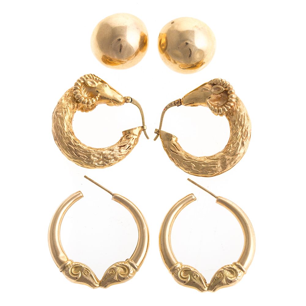 Appraisal: A Trio of Ladies K Earrings and Hoops K yellow