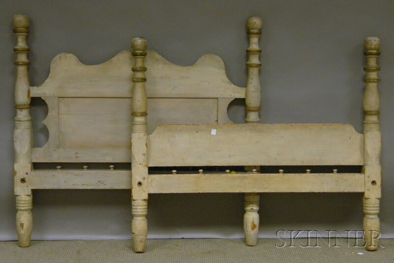 Appraisal: White-painted Wood Ball-top Turned Post Bed with gold banded decoration