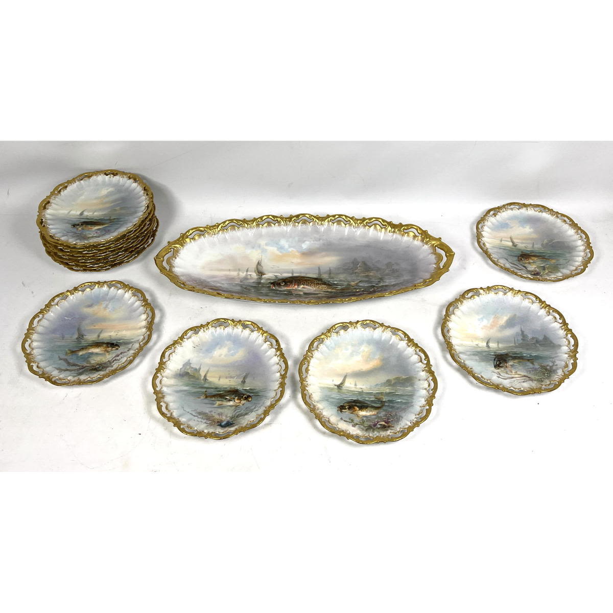 Appraisal: pc Artist Signed Limoges France Serving Set Oval Fish Platter