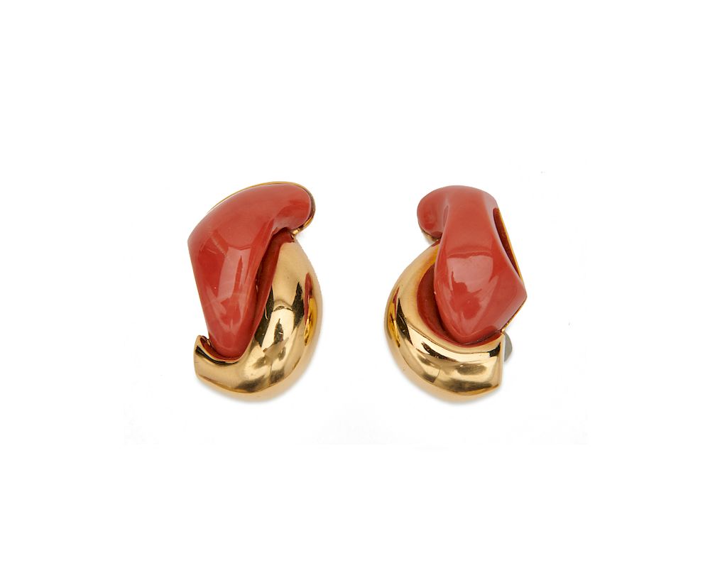 Appraisal: SEAMAN SCHEPPS K Gold and Coral Half Link Earclips SEAMAN