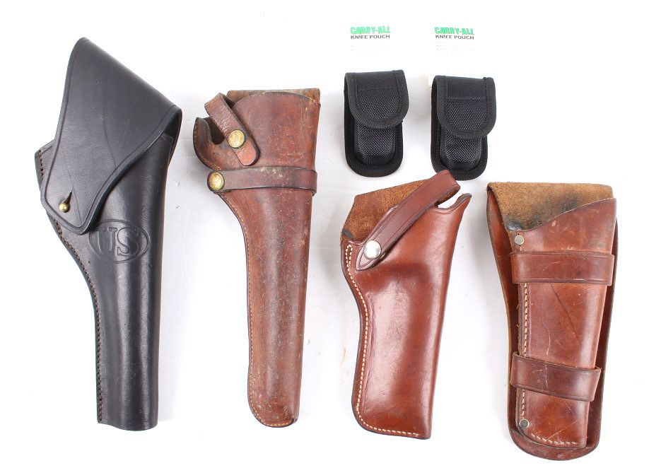 Appraisal: Leather Pistol Holsters Knife Pouch Collection Lot containing four leather