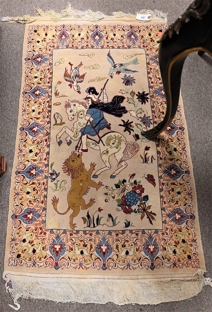 Appraisal: Silk Oriental Pictorial Throw Rug ' x ' Provenance Waterfront