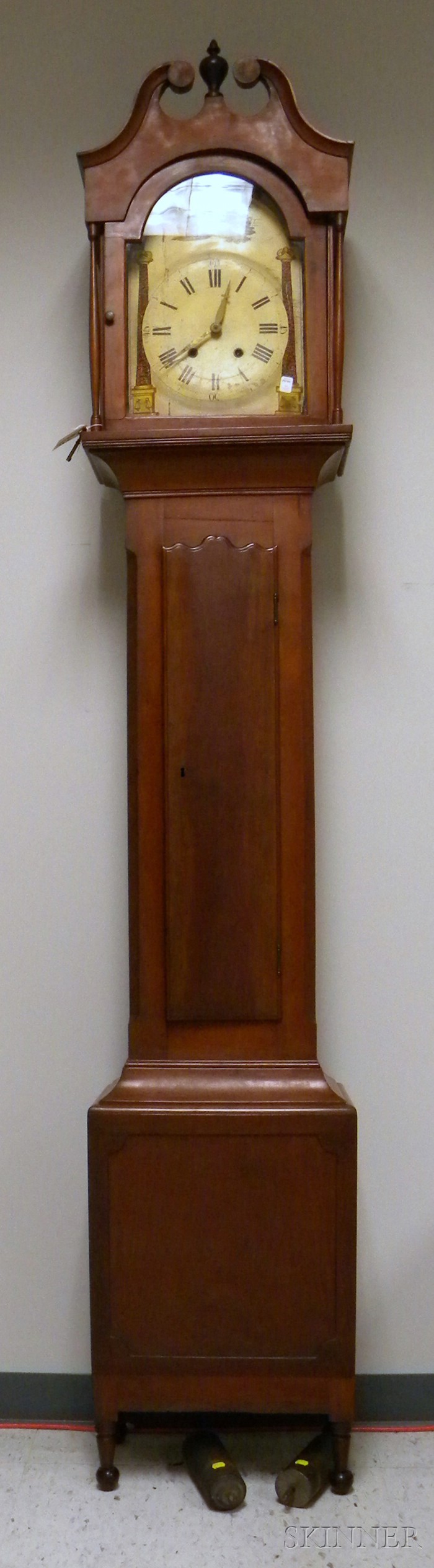 Appraisal: Cherry Tall Clock Pennsylvania c with scroll-top hood painted wooden