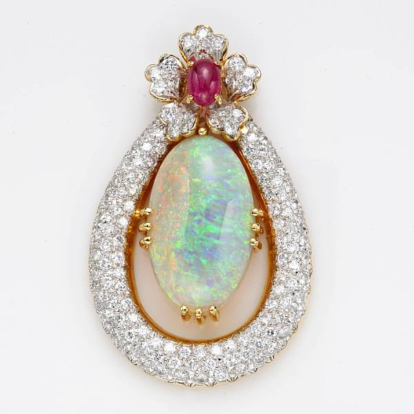 Appraisal: An opal ruby and fourteen karat gold pendant estimated total