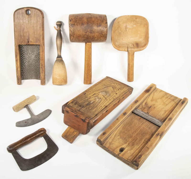 Appraisal: WOODEN HOUSEHOLD TOOLS Lot of Assorted Primitive Wooden Utensils incl