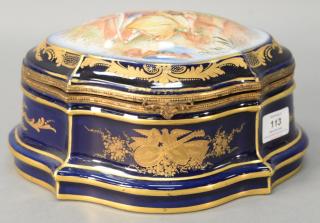 Appraisal: French porcelain lift top box having hand painted romantic scene