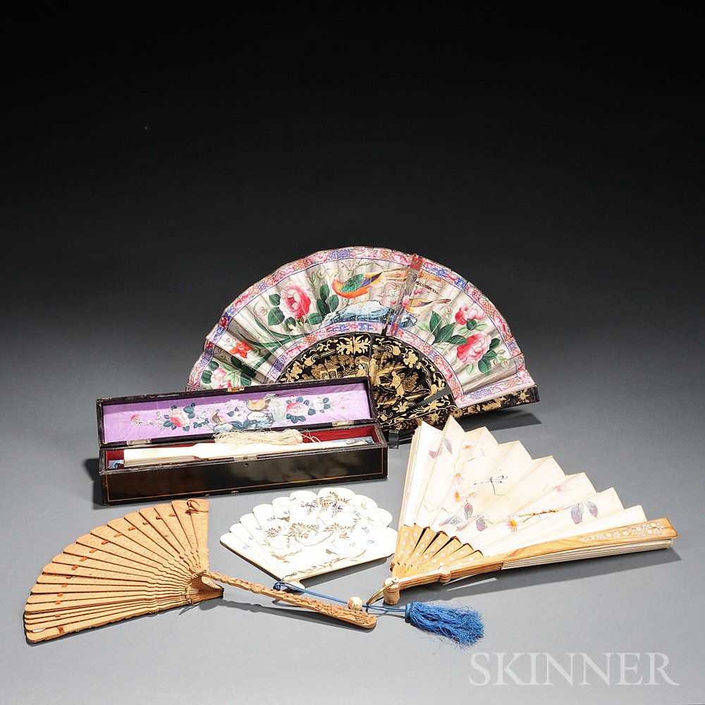 Appraisal: Five Folding Hand Fans China and Japan one with wood