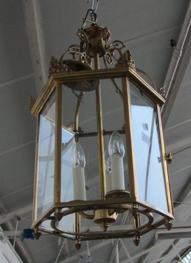 Appraisal: A modern Regency style brass hall lantern of glazed hexagonal