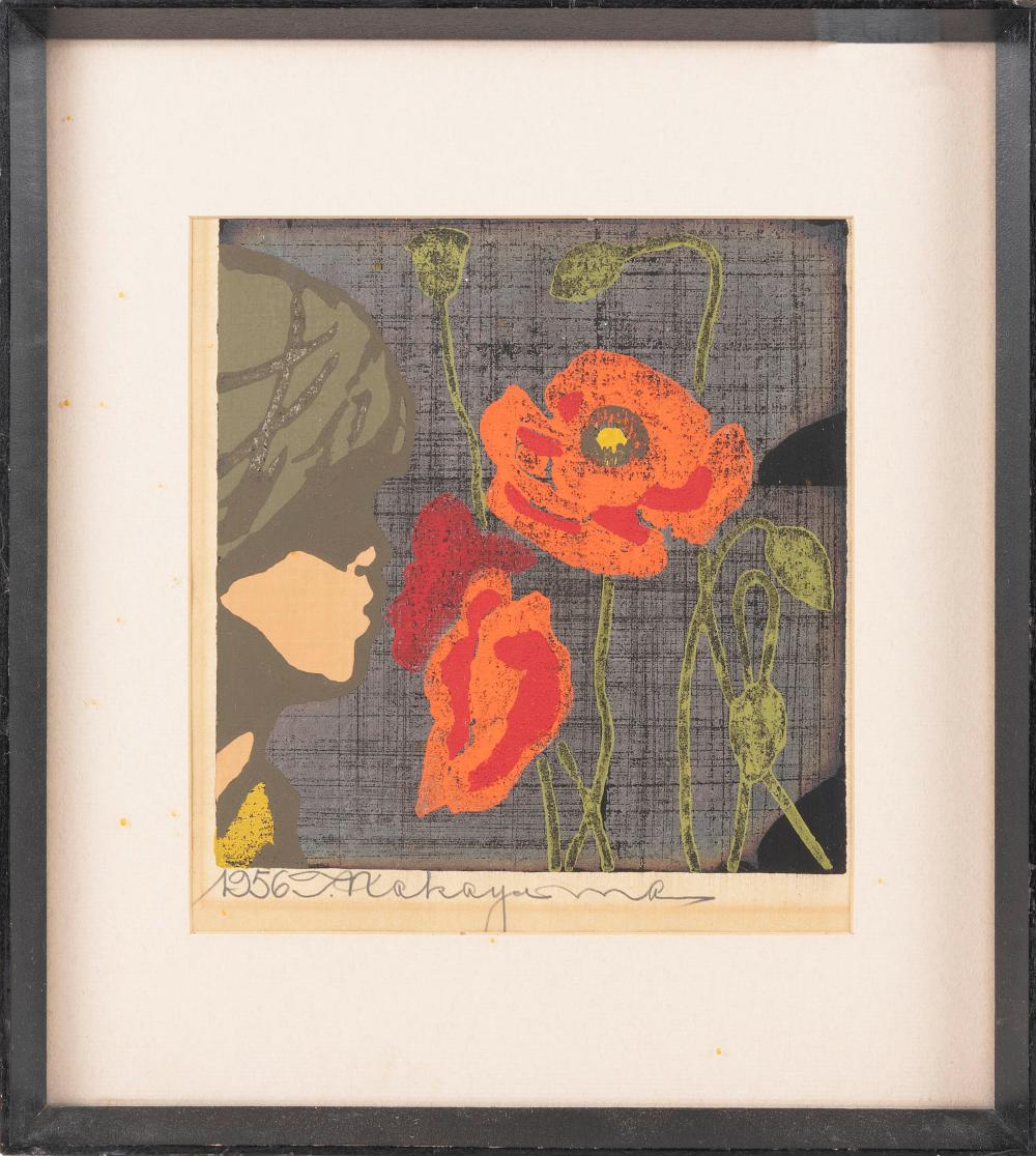 Appraisal: TADASHI NAKAYAMA JAPAN - GIRL WITH POPPIES WOODBLOCK PRINT X