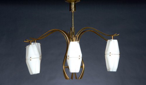 Appraisal: ARREDOLUCE Brass chandelier with six frosted hinged white glass shades