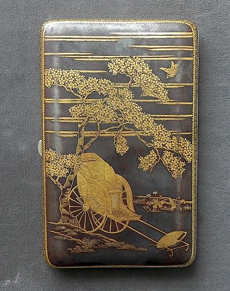 Appraisal: Inlaid gold in iron cigarette case bearing a scene of