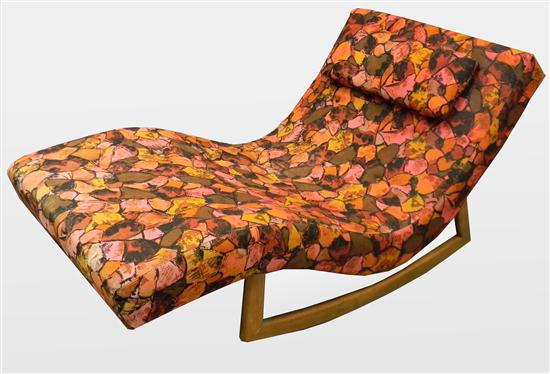 Appraisal: Mid-Century design chaise with rocker legs polychrome abstract-patterned upholstery dime-sized