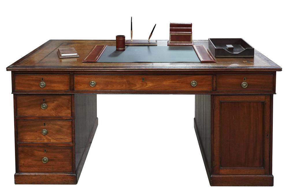 Appraisal: THREE PART LEATHER TOP PARTNER'S DESKmahogany tolled leather top with