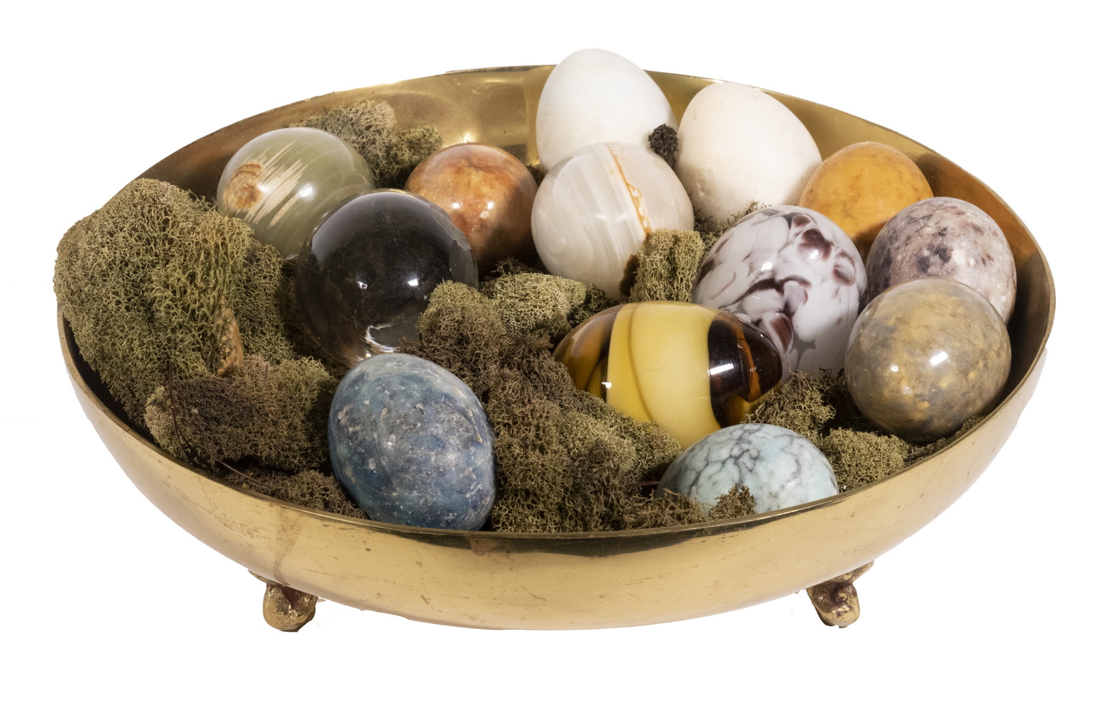 Appraisal: STONE ART GLASS EGGS IN BRASS BOWL Collection of Assorted