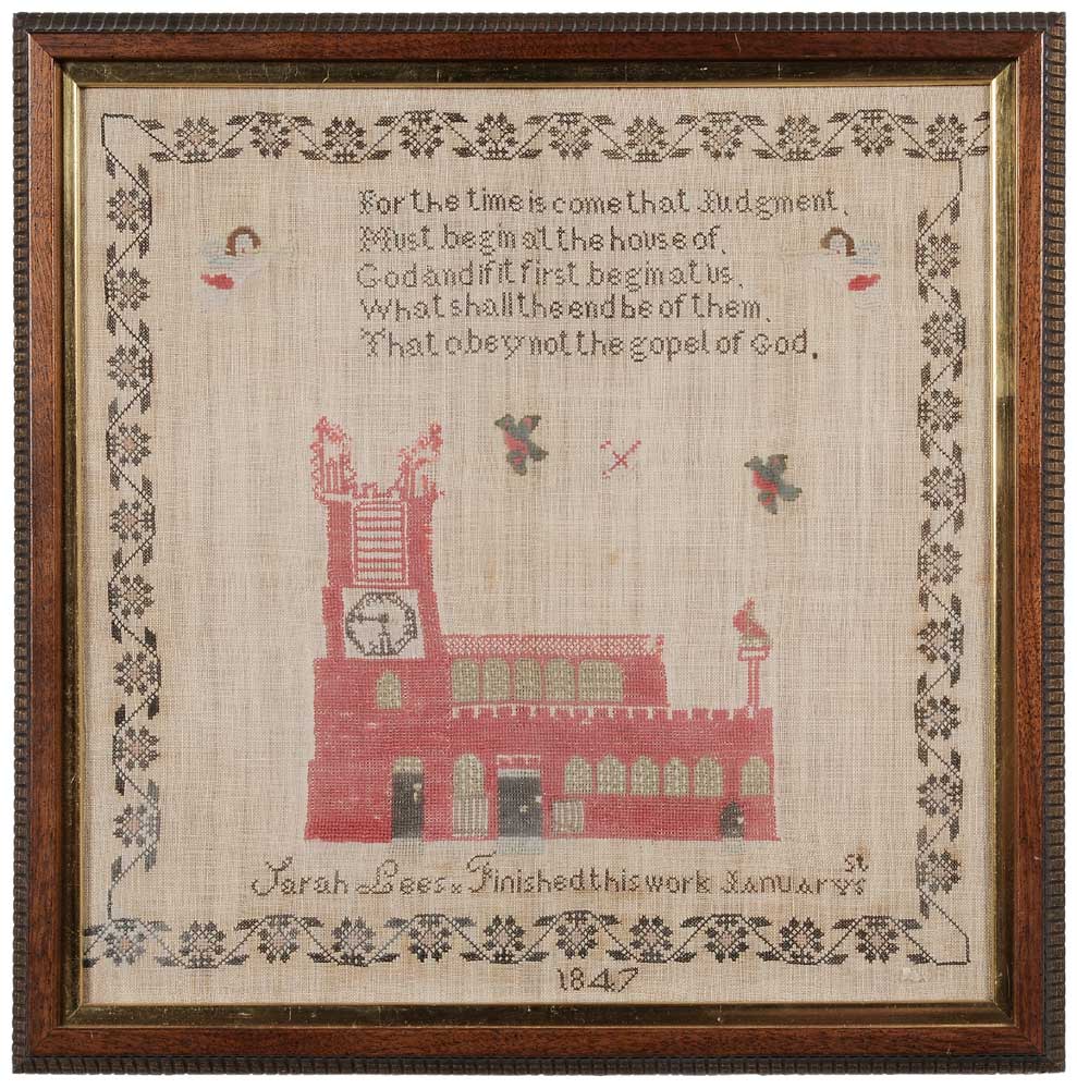 Appraisal: Schoolgirl Needlework probably British five-line verse over a brick building