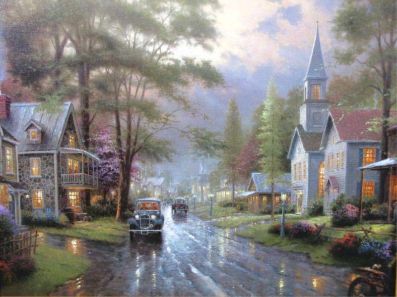 Appraisal: Hometown Evening by Thomas Kinkade print on masonite x in