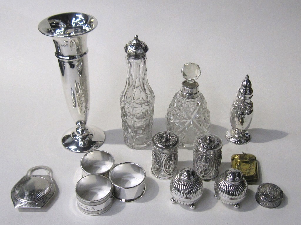 Appraisal: Lot comprising silver vase scent bottle EP cruets and napkin