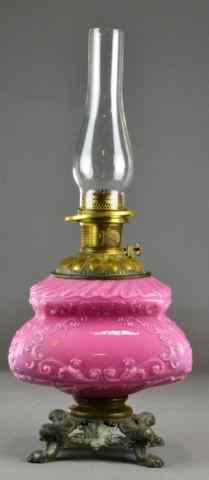 Appraisal: Victorian Lamp Pink Pressed Glass Brass BaseVery nice oil lamp