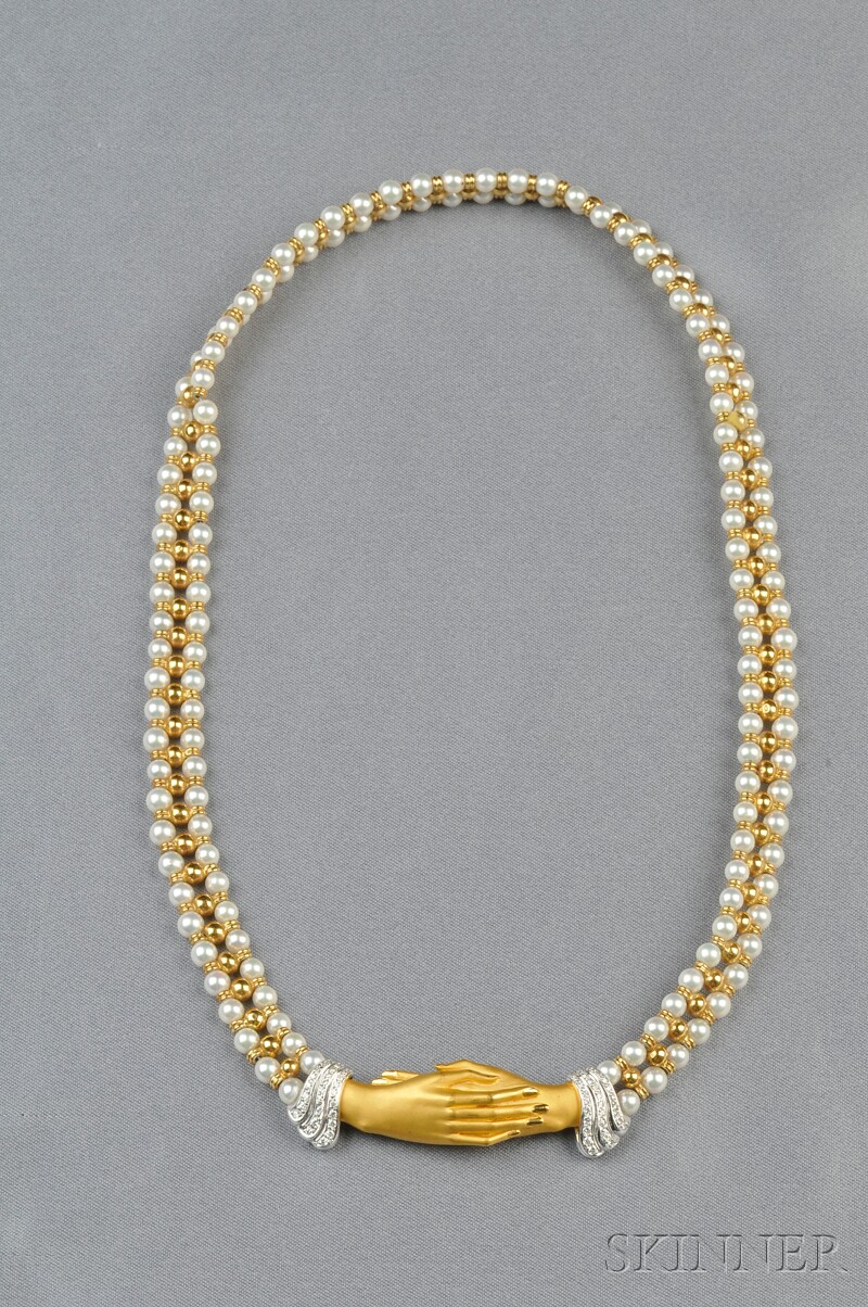 Appraisal: kt Gold Cultured Pearl and Diamond Necklace Carrera y Carrera