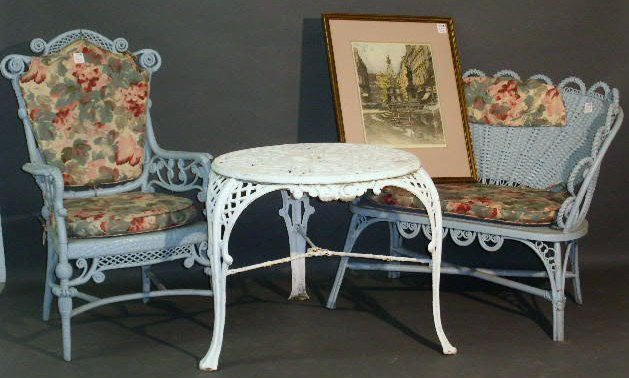 Appraisal: Wicker settee chair iron table and print