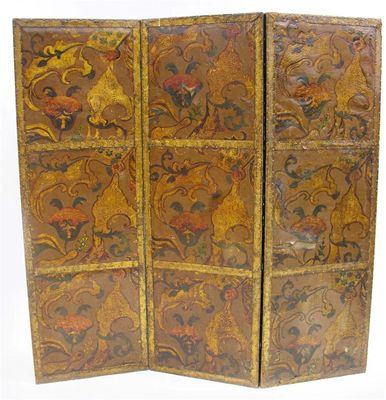 Appraisal: A leather three fold screen painted with stylized flowers and