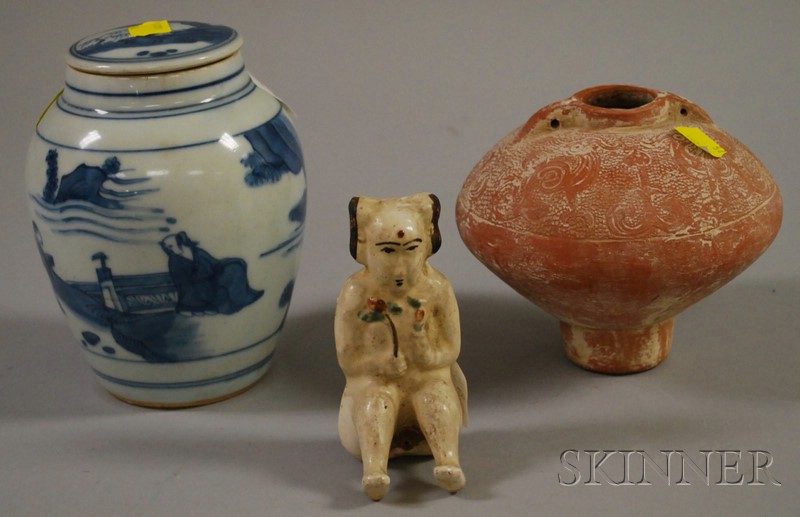 Appraisal: Three Asian Items blue and white Canton covered jar depicting