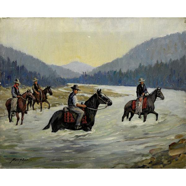 Appraisal: MATT DALY Oil-on-canvas painting of a Western scene Cowboys Fording