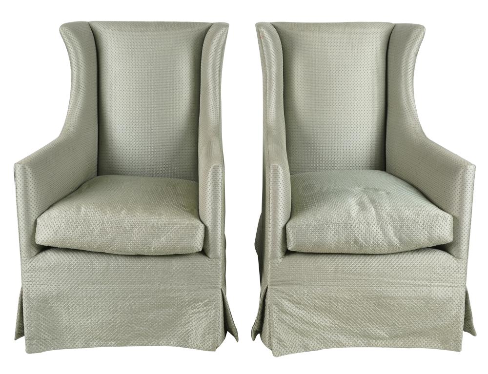 Appraisal: PAIR DESSIN FOURNIR FULLY UPHOLSTERED WING CHAIRSwith label covered with