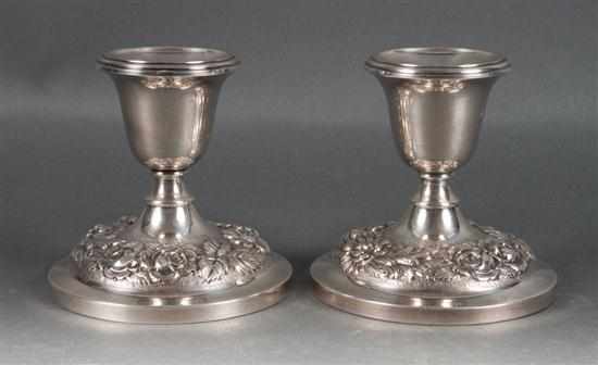 Appraisal: Pair of American weighted repousse sterling silver candleholders Stieff Baltimore