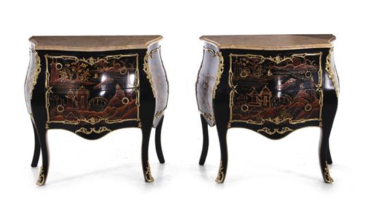 Appraisal: Pair Louis XV style black lacquer petite commodes decorated in