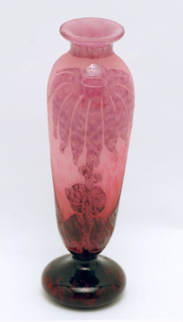 Appraisal: DESCRITION Art glass vase purple and pink cameo cut with