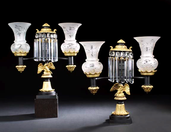 Appraisal: Fine Pair of Gilt- and Patinated Bronze Double-Arm Argand-Style Lamps