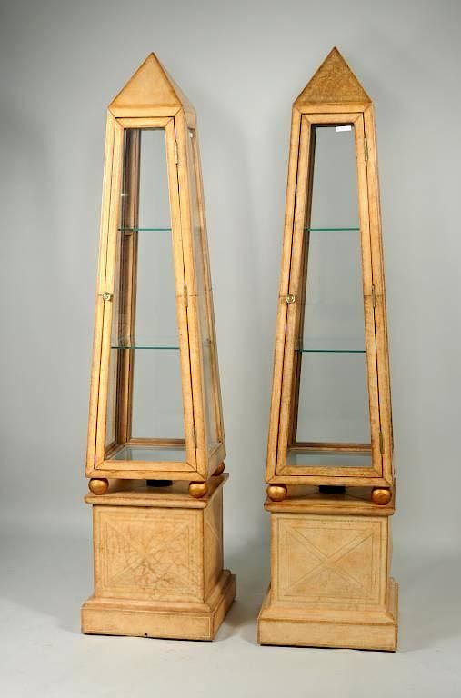 Appraisal: Pair Gilt Tooled Leather Obelisk Cabinets Pair of gilt tooled