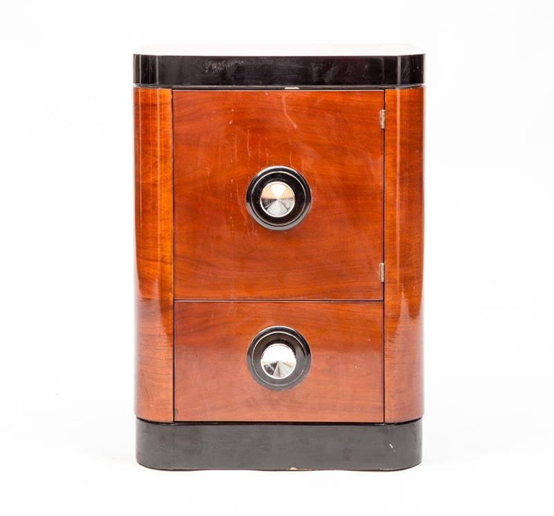 Appraisal: ART DECO BEDSIDE STAND Walnut veneer ebonized wood and chromed