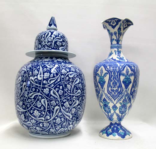 Appraisal: TURKISH IZNIK POTTERY COVERED JAR AND VASE pieces each hand