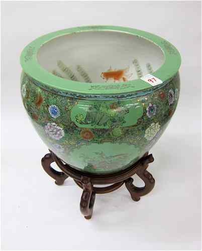 Appraisal: CHINESE PORCELAIN FISHBOWL ON STAND the bowl decorated with hand