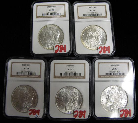 Appraisal: FIVE UNCIRCULATED U S SILVER MORGAN DOLLARS all -O and