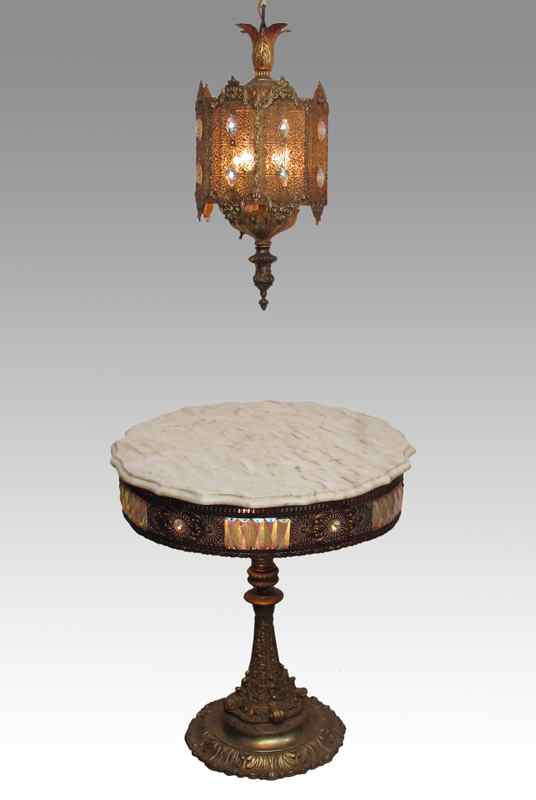 Appraisal: MARBLE TOP GILT TABLE AND HANGING LAMP Shaped marble top