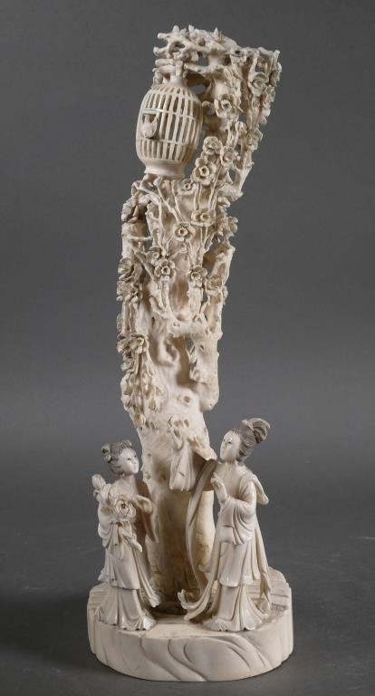 Appraisal: Fabulous antique carved ivory figural group depicting two ladies at