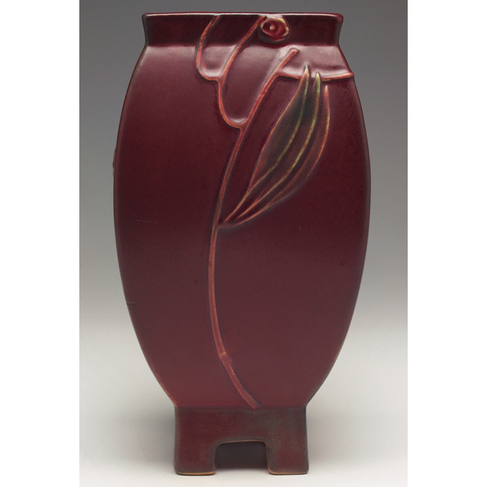 Appraisal: Exceptional Roseville Futura vase unusual footed shape in burgundy original