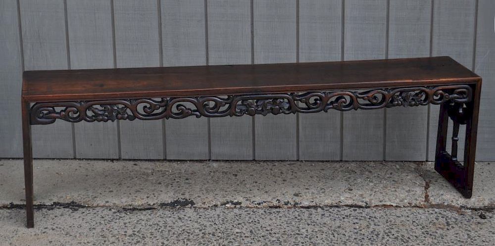 Appraisal: Asian Carved Hardwood Long Bench with pierce carved apron Loose