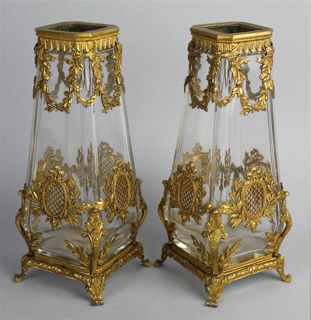 Appraisal: PAIR OF GILT BRONZE MOUNTED GLASS VASES late th early